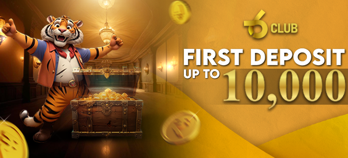 6 Club promotional banner featuring "First Deposit Bonus Up to ₹10,000" highlighting attractive new user offer.